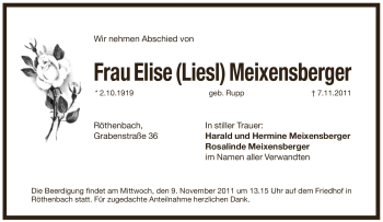 Traueranzeige von Elise Meixensberger von Pegnitz-Zeitung